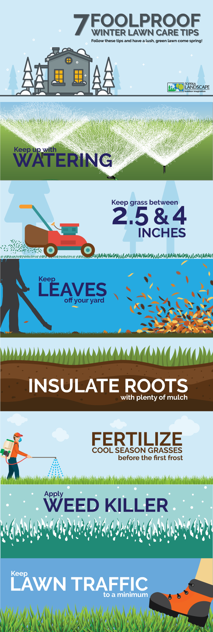 infographic, 7 winter lawn care tips. This includes watering, fertilizing cool season grasses, staying off the lawn and removing dead leaves in the fall. 